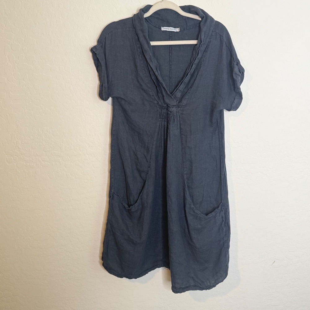 Tempo Paris Womens Linen Tunic Dress S Navy Blue Short Sleeve Pockets Lagenlook